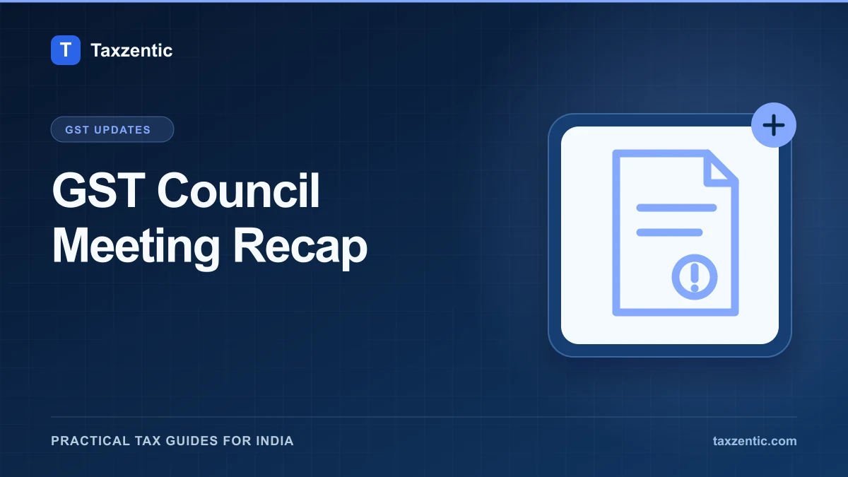 Illustrated Taxzentic poster for GST Council Meeting Recap with a tax notice document.