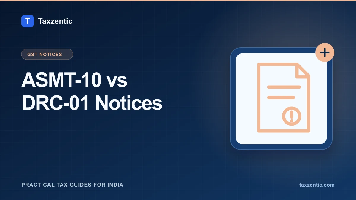 Illustrated Taxzentic poster for ASMT-10 vs DRC-01 Notices with a tax notice document.