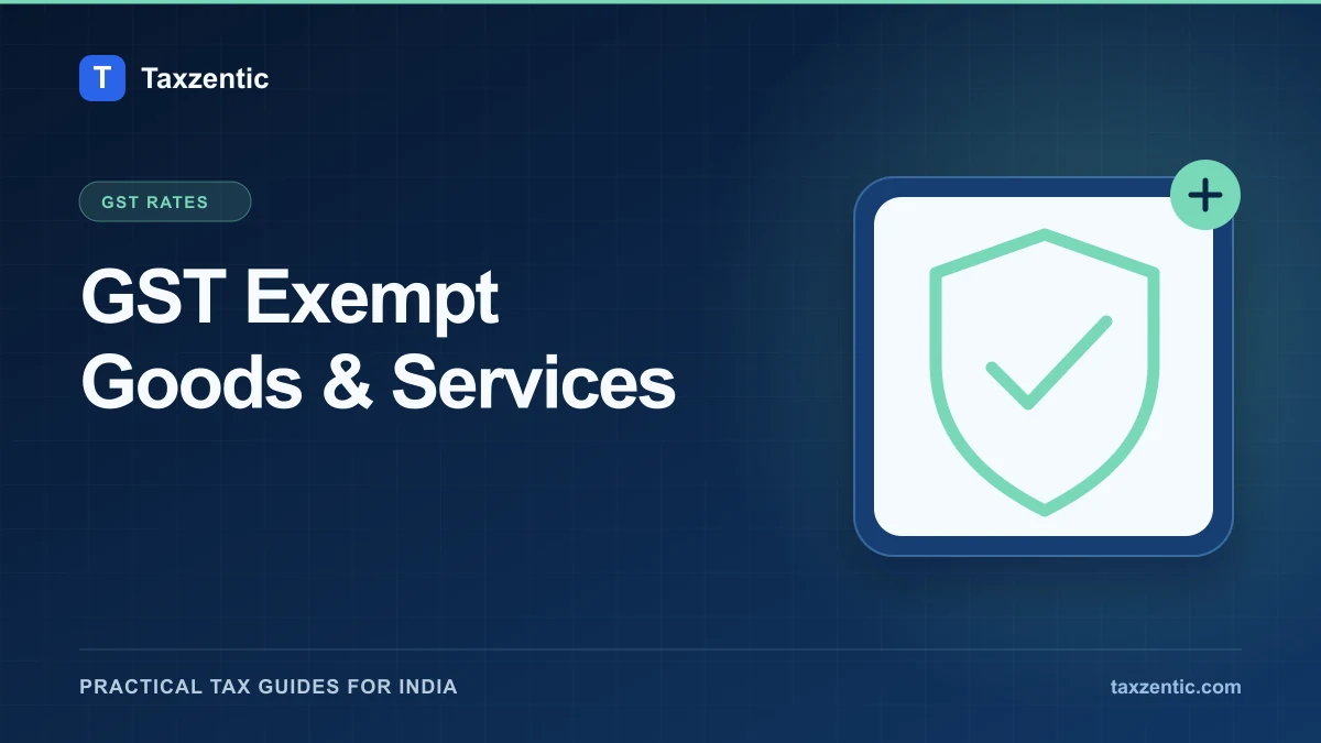 Illustrated Taxzentic poster for GST Exempt Goods & Services with an exemption shield.