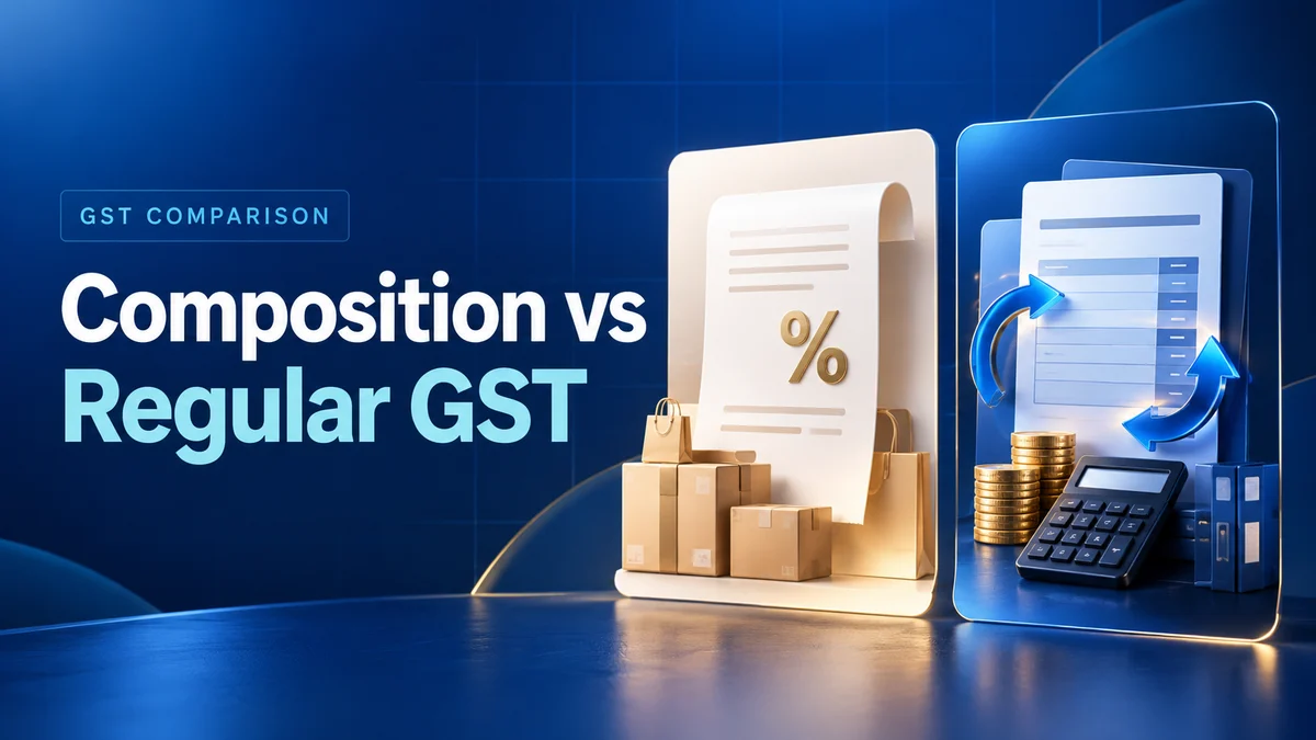 Composition vs Regular GST cover with a percentage receipt, tax ledger and calculator