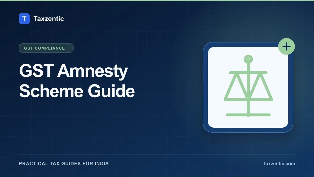 Illustrated Taxzentic poster for GST Amnesty Scheme Guide with a balance scale.