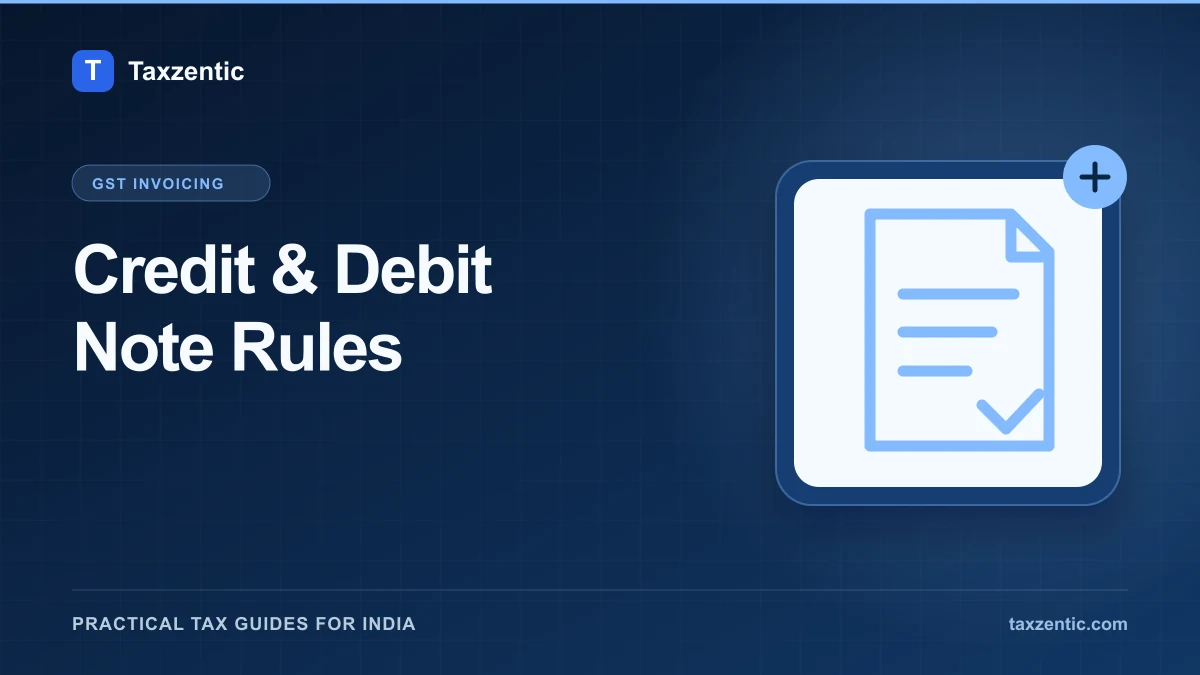 Illustrated Taxzentic poster for Credit & Debit Note Rules with an invoice.