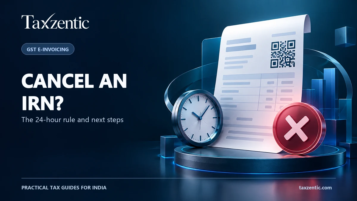 GST e-invoice cancellation cover with an IRN invoice, 24-hour clock and correction path