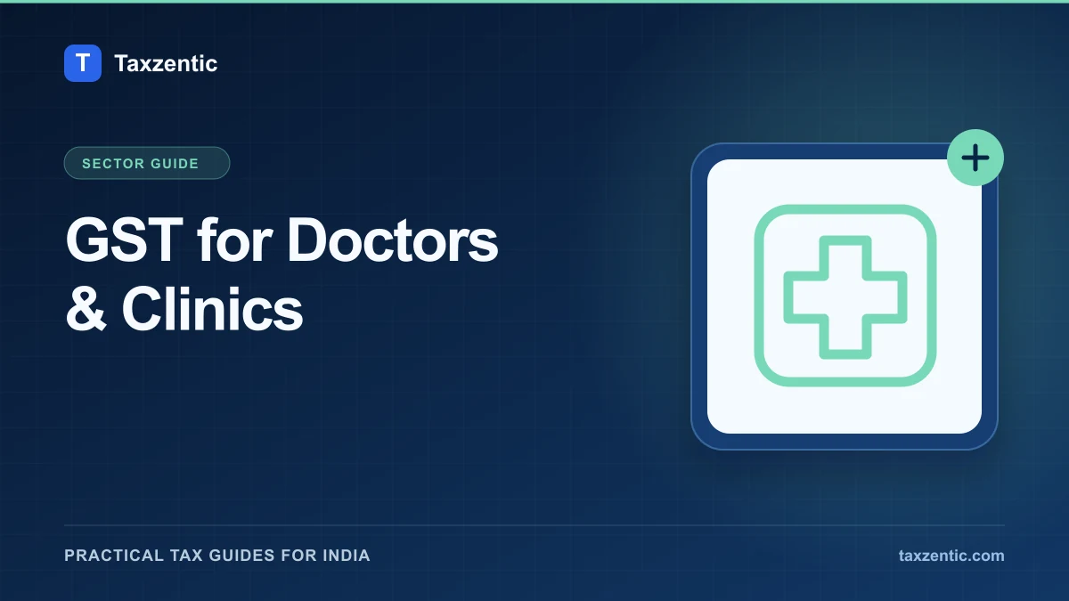 Illustrated Taxzentic poster for GST for Doctors & Clinics with a healthcare cross.