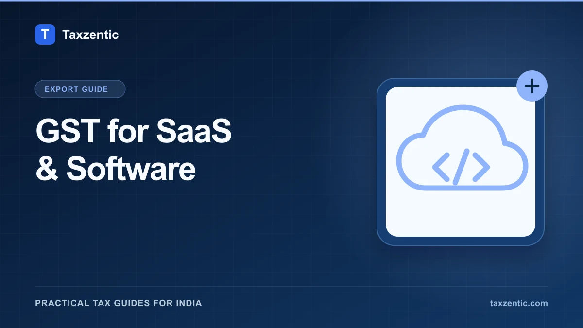 Illustrated Taxzentic poster for GST for SaaS & Software with a software cloud.