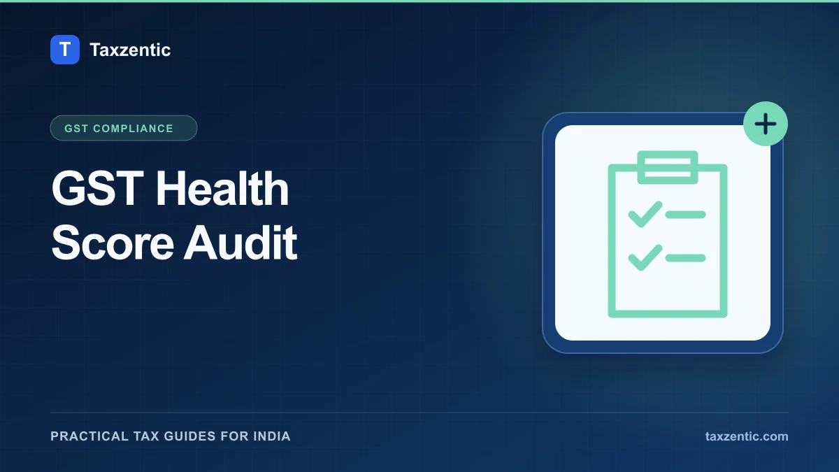 Illustrated Taxzentic poster for GST Health Score Audit with an audit checklist.