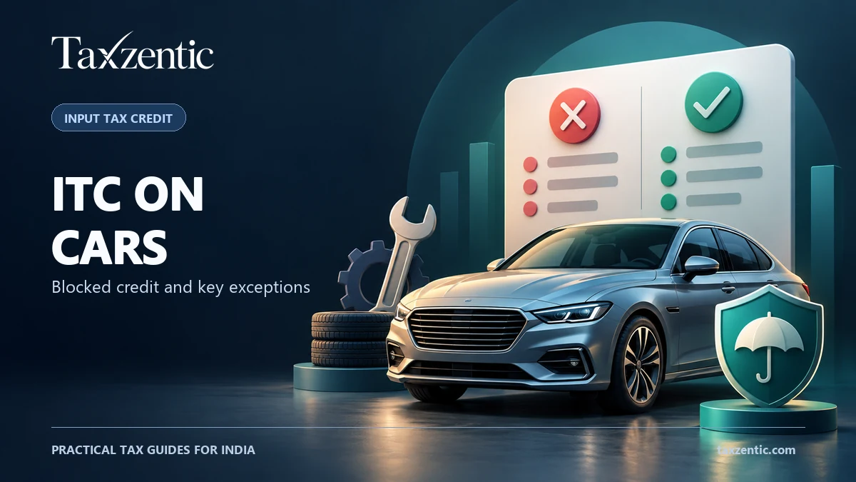 GST car ITC guide cover with a passenger car, tax invoice and credit eligibility checklist