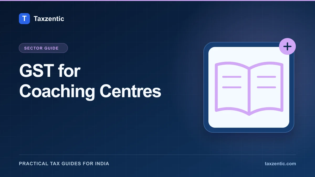 Illustrated Taxzentic poster for GST for Coaching Centres with an open book.
