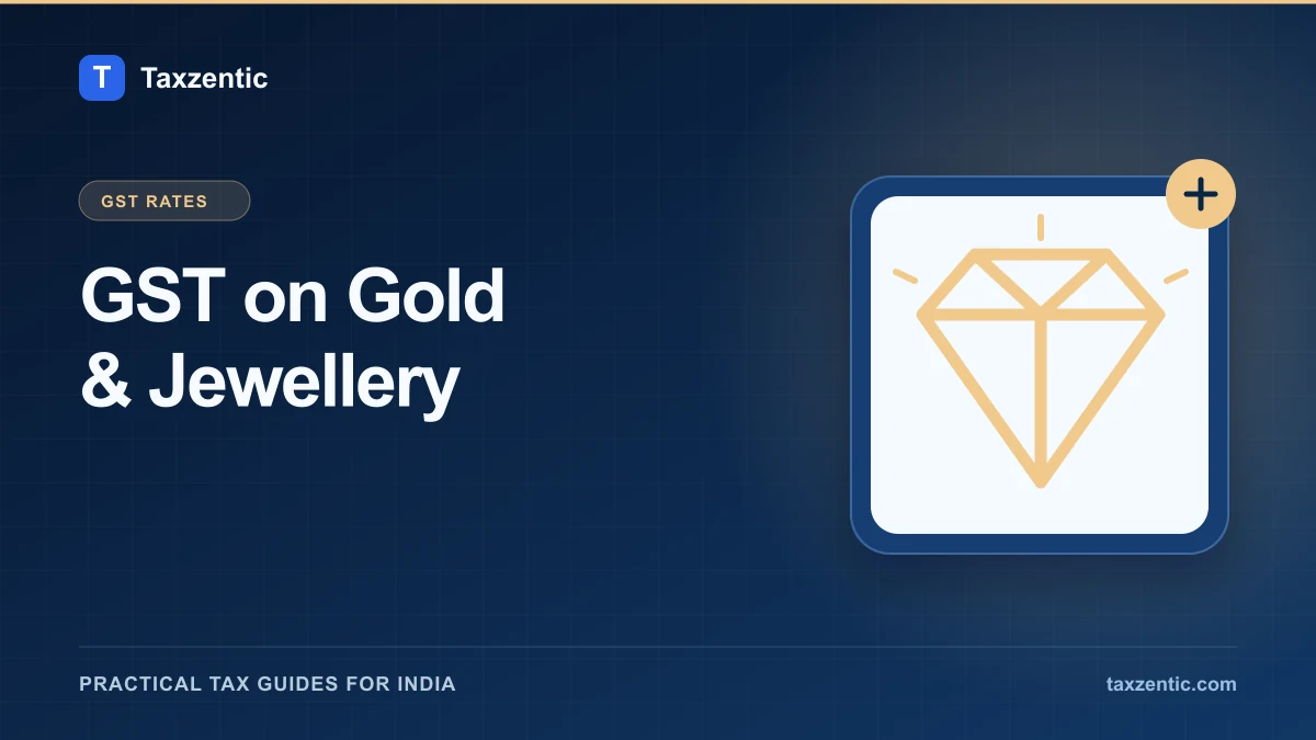 Illustrated Taxzentic poster for GST on Gold & Jewellery with a gold jewel.