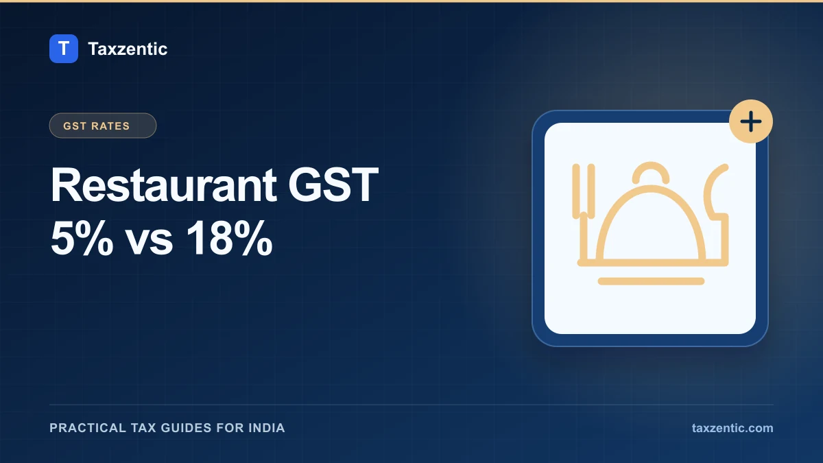 Illustrated Taxzentic poster for Restaurant GST 5% vs 18% with a restaurant serving dish.