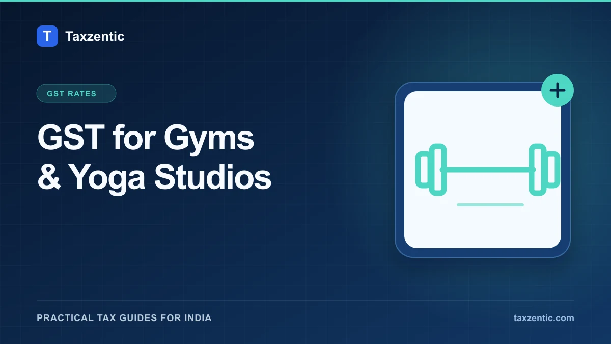 Illustrated Taxzentic poster for GST for Gyms & Yoga Studios with a dumbbell.