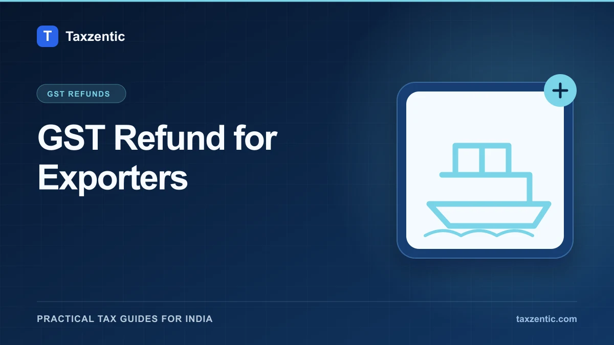 Illustrated Taxzentic poster for GST Refund for Exporters with an export shipment.