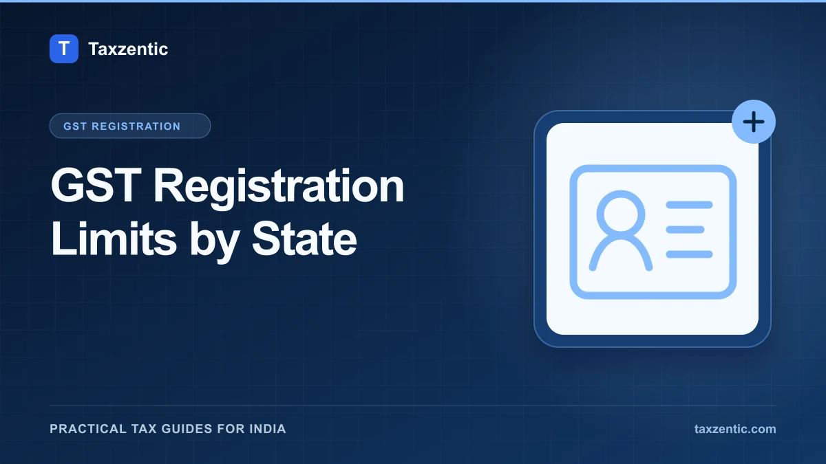 Illustrated Taxzentic poster for GST Registration Limits by State with a registration card.
