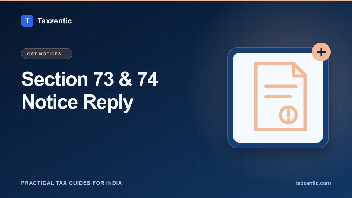Illustrated Taxzentic poster for Section 73 & 74 Notice Reply with a tax notice document.