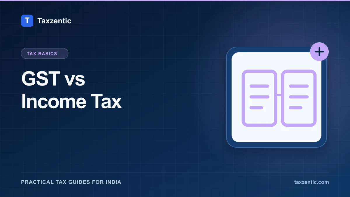 Illustrated Taxzentic poster for GST vs Income Tax with two tax ledgers.