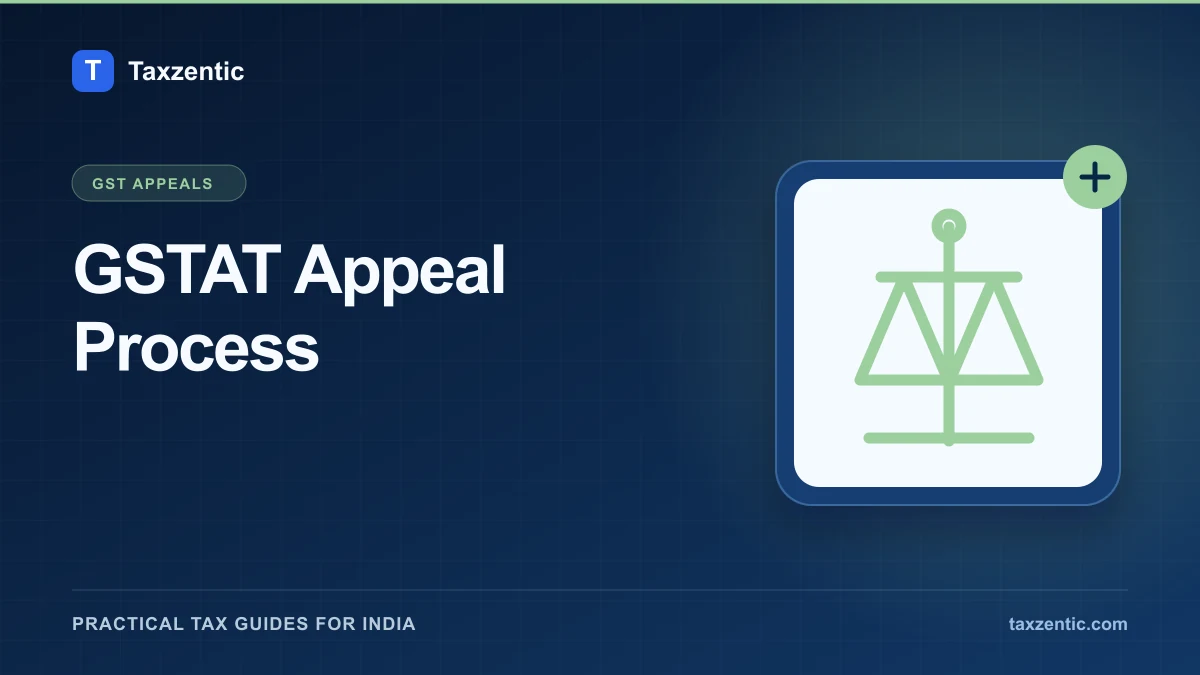 Illustrated Taxzentic poster for GSTAT Appeal Process with a balance scale.