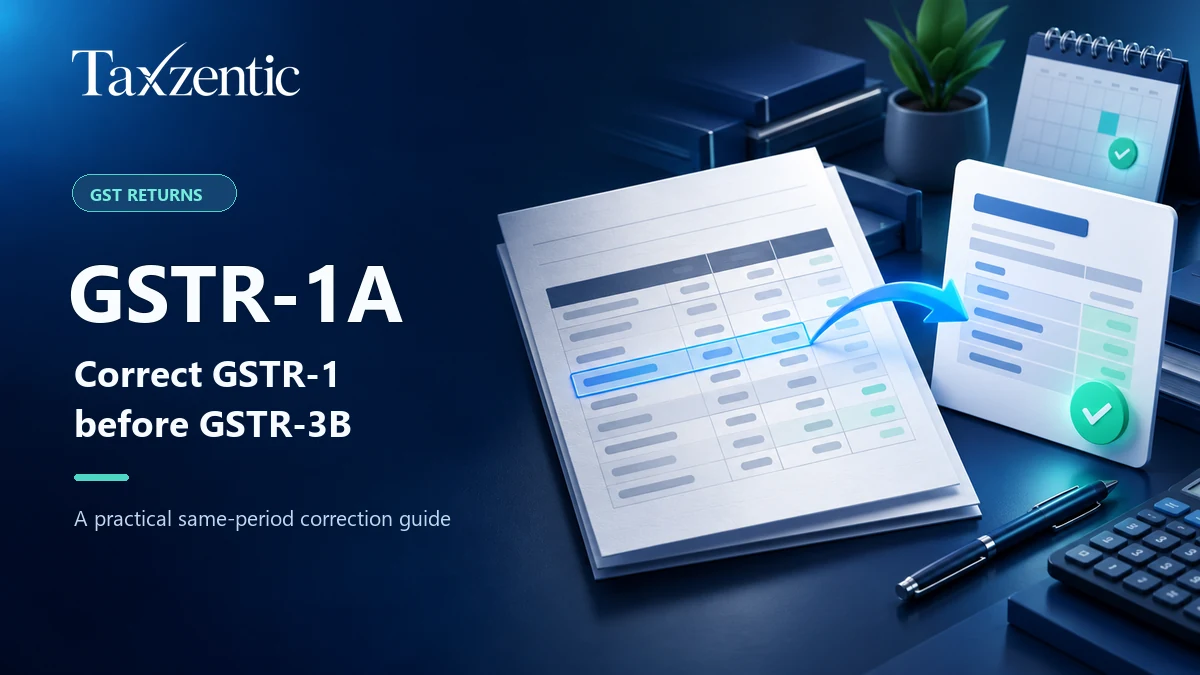 GSTR-1A guide cover showing a corrected sales return flowing into a GSTR-3B summary