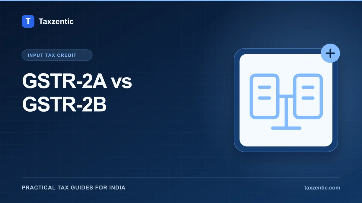 Illustrated Taxzentic poster for GSTR-2A vs GSTR-2B with linked GST records.