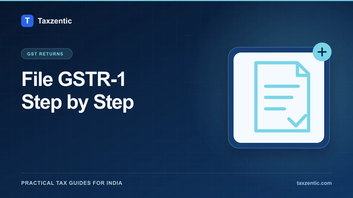 Illustrated Taxzentic poster for File GSTR-1 Step by Step with an invoice.