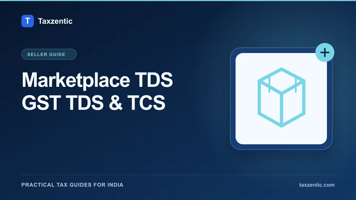 Illustrated Taxzentic poster for Marketplace TDS GST TDS & TCS with a parcel.