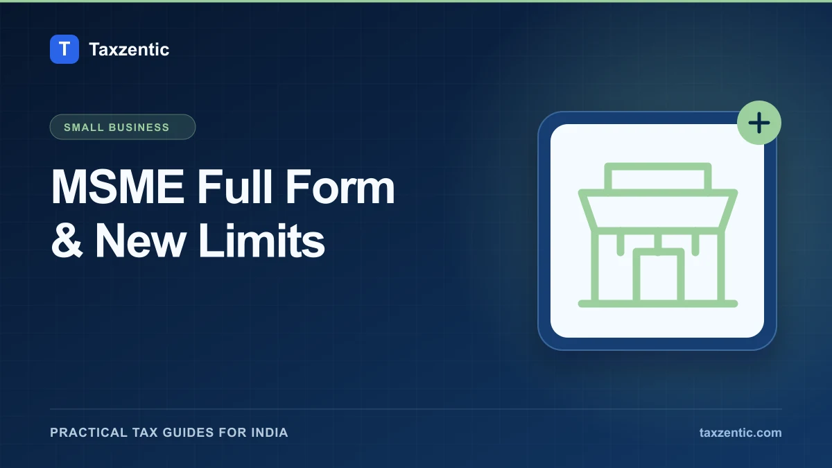 Illustrated Taxzentic poster for MSME Full Form & New Limits with a small shop.