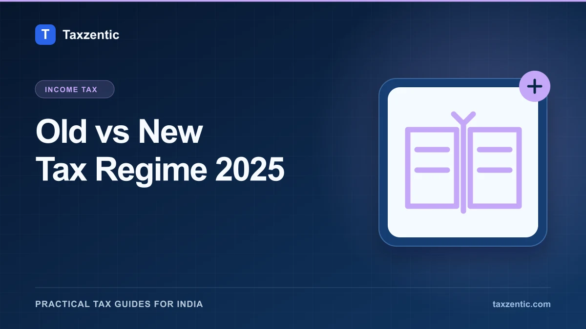 Illustrated Taxzentic poster for Old vs New Tax Regime 2025 with two tax folders.
