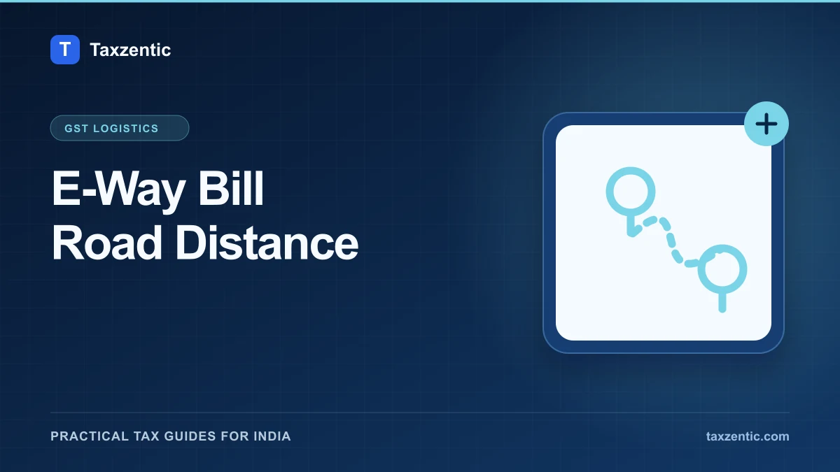 Illustrated Taxzentic poster for E-Way Bill Road Distance with two map pins.