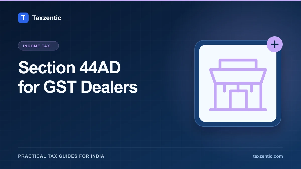 Illustrated Taxzentic poster for Section 44AD for GST Dealers with a small shop.