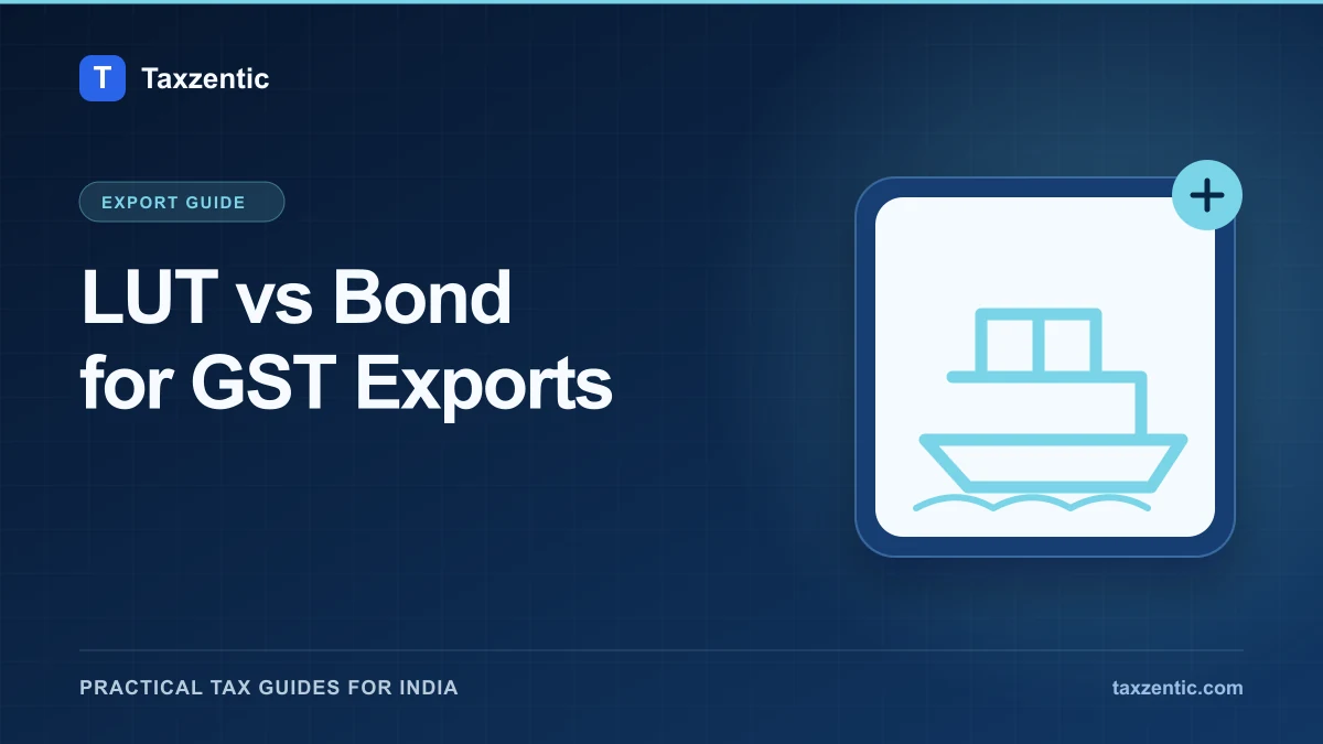 Illustrated Taxzentic poster for LUT vs Bond for GST Exports with an export shipment.